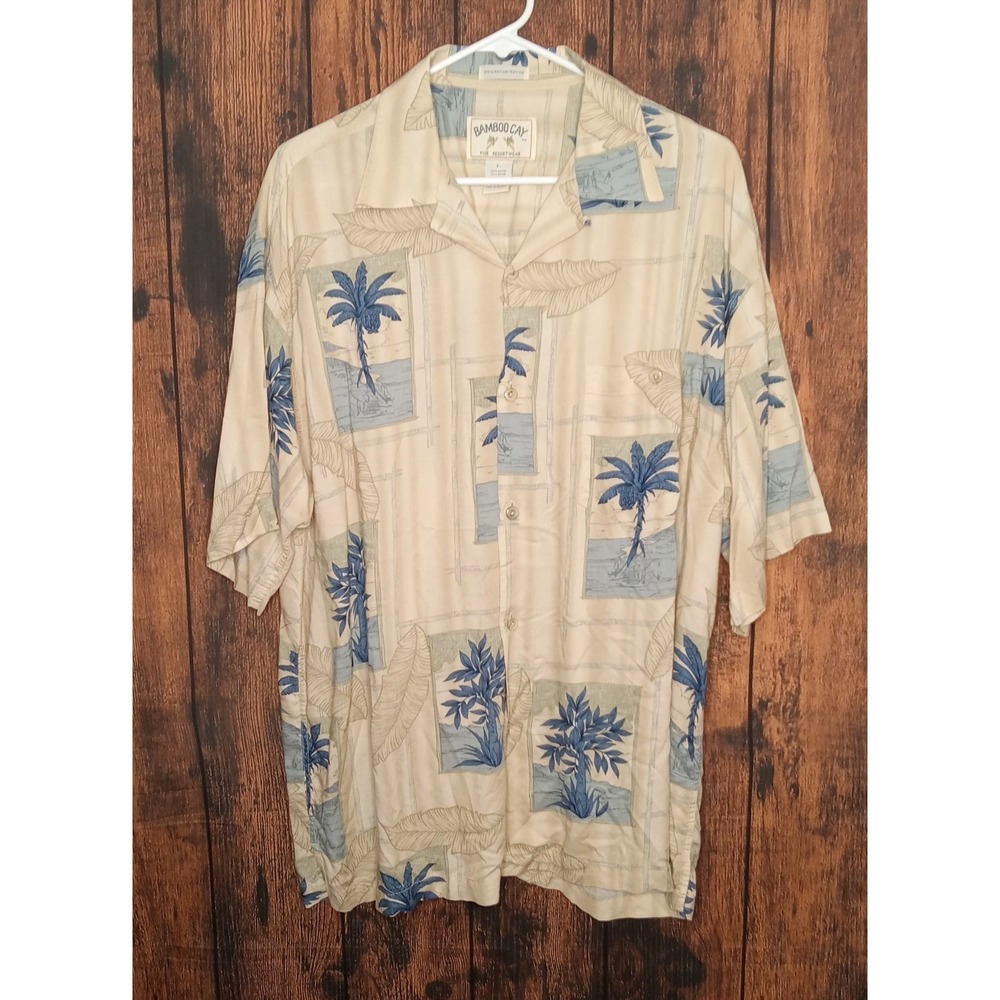 Bamboo Cay 100% Rayon Loop Collar Short Sleeve Hawaiian Shirt Large Beige